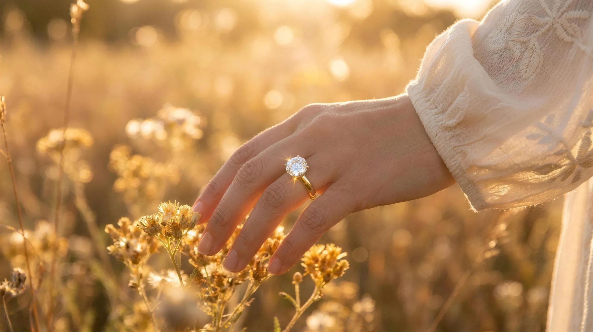A hand wearing a brilliant solitaire diamond ring in a sunlit meadow